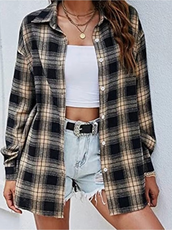 Cupshe Tops - Oversized Plaid Button-Down Shirt